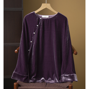 上衣女宽松显瘦桑蚕丝 丝艺圆领珍珠扣国风斜门襟真丝丝绒系带长袖