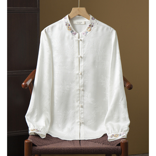 丝艺100%桑蚕丝立领精致刺绣真丝花萝冠乐绉提花衬衫珍珠扣衬衣春