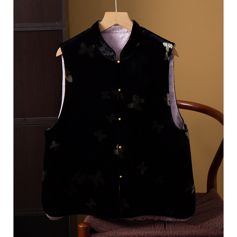 双面穿100%桑蚕丝底布乔绒雕印金蝶国风真丝夹棉马甲外穿加厚马夹