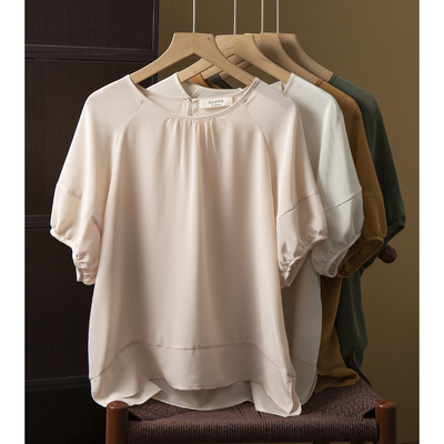 现货 双绉真丝灯笼袖短袖T恤女100%桑蚕丝百搭圆领宽松上衣小衫夏
