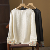 丝艺袖 春 圆领小衫 口刺绣真丝花萝新中式 上衣女100桑蚕丝提花长袖