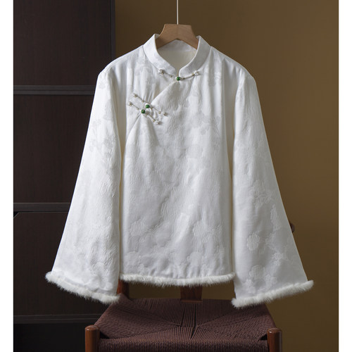 丝艺填充100%羊毛水貂毛真丝国风加厚保暖上衣新中式桑蚕丝打底衫