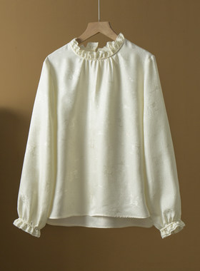 丝艺 彩金正娟真丝灯笼袖上衣女桑蚕丝木耳领宽松显瘦长袖小衫秋