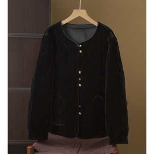 亏清 彩虹扣真丝丝绒夹棉外套圆领桑蚕丝新中式棉衣棉服黑色冬季