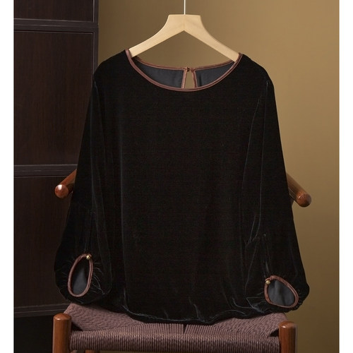 丝艺 香云纱拼接丝绒真丝上衣女100%桑蚕丝圆领宽松灯笼袖小衫秋