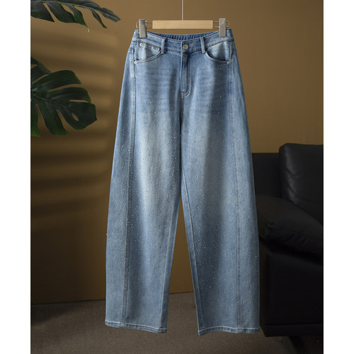 高端丹宁蓝满钻牛仔裤弯刀裤女时尚百搭高腰显瘦宽松直筒裤子春秋