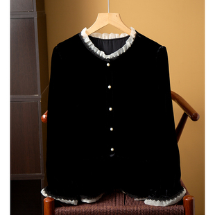 桑蚕丝外套女 上衣圆领拼接欧根纱花边长袖 高端 重工丝绒真丝开衫