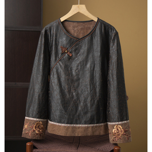 丝艺 国风牡丹刺绣100%桑蚕丝香云纱原龟纹真丝斜襟盘扣长袖上衣