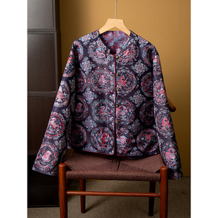 丝艺 双面穿100%桑蚕丝全家福蜀锦牛仔色真丝开衫宽松外套女春装