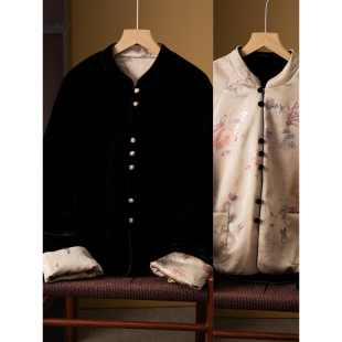 丝艺双面穿100%桑蚕丝底布丝绒90鹅绒羽绒服撞色挽袖 立领真丝外套