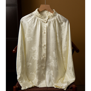 丝艺35姆米100%桑蚕丝重缎提花木耳边立领斜襟真丝国风长袖 秋 衬衫