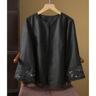 亏清袖口刺绣真丝香云纱龟纹外套欧根纱拼接100%桑蚕丝开衫上衣春