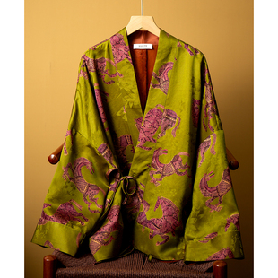 丝艺 100%桑蚕丝花萝红云纱国风提花香云纱真丝开衫V领宽松外套春