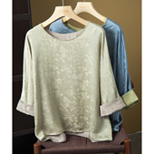 现货 双面穿植物染杭州真丝提花新中式 气质上衣100%桑蚕丝宽松T恤