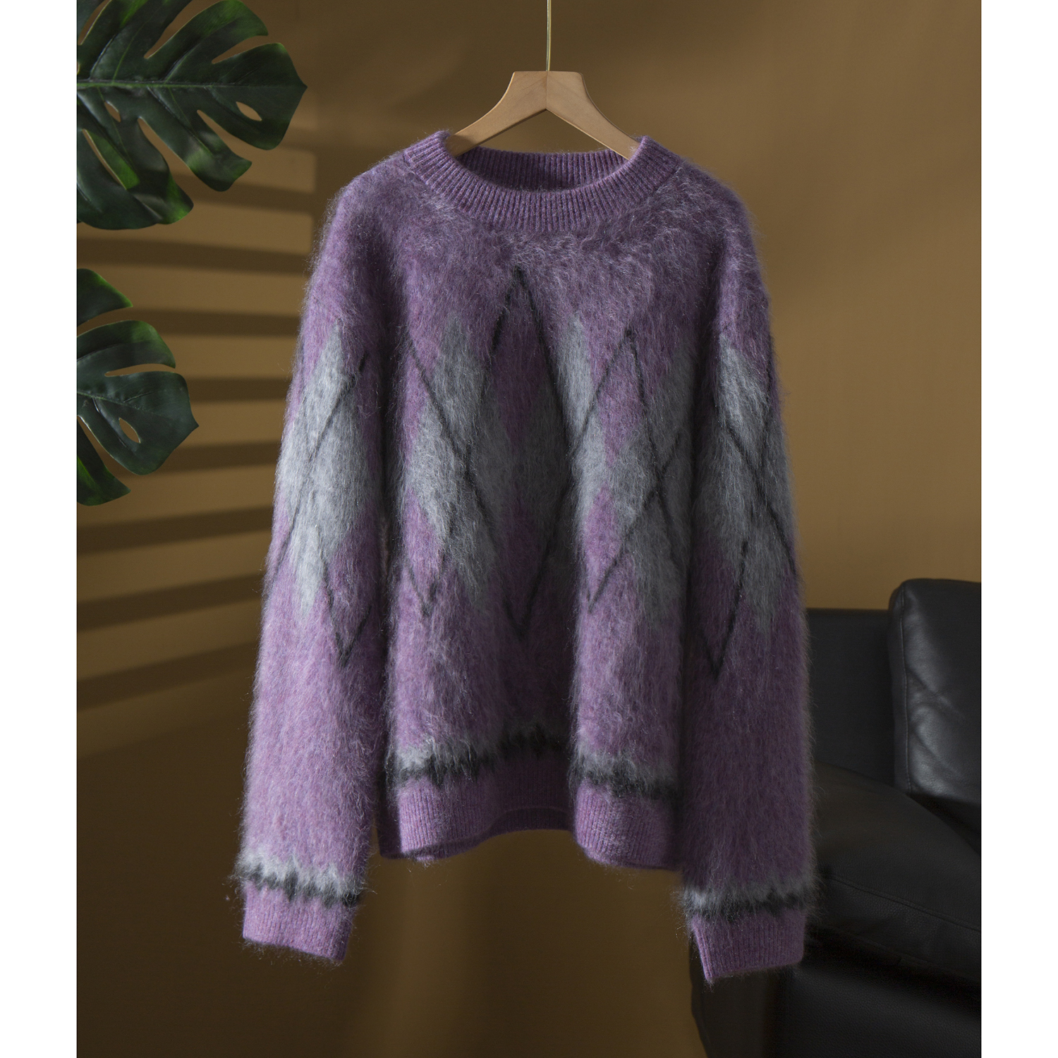 丝艺奢及488G100%山羊绒拉绒衫皮草感针织衫菱格纹宽松毛衣女2025