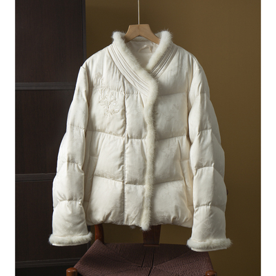 丝艺90鹅绒貂毛提花钉珠拼接羽绒服气质立领保暖外套加厚鹅绒服冬