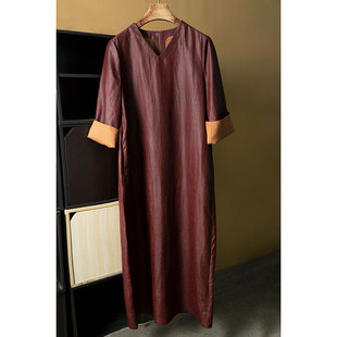 丝艺 红云龟油皮老料100%桑蚕丝真丝连衣裙香云纱V领直筒长裙早春