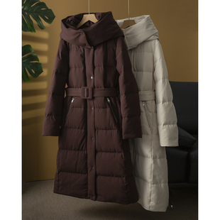 连帽羽绒服女加厚保暖鹅绒服冬季 90白鹅绒中空纱长款 禾同款 亏清