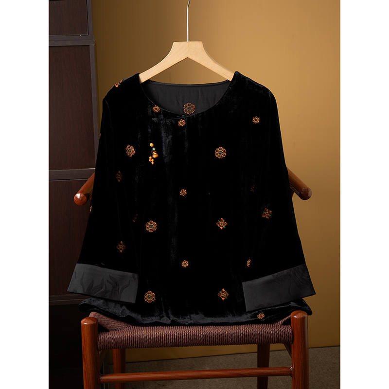 高端 国风刺绣斜襟盘扣丝绒上衣女真丝圆领桑蚕丝新中式宽松小衫