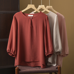 丝艺 100%桑蚕丝双绉七分灯笼袖上衣女真丝圆领侧开叉宽松小衫春