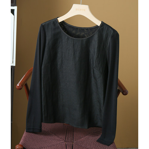 丝艺 真丝香云纱龟纹拼接网眼女上衣100%桑蚕丝长袖圆领T恤打底衫