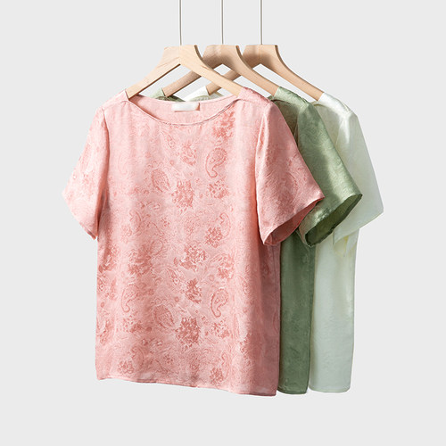 丝艺 多色100%桑蚕丝花萝全萝孔提花一字领短袖T恤女真丝宽松夏季