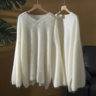 亏清皇室拉绒100%纯山羊绒拉绒衫圆领+V领慵懒风宽松毛衣2025新款