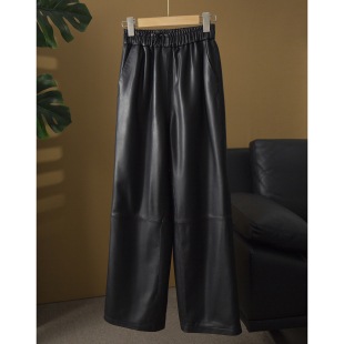 长裤 女高腰显瘦宽松阔腿裤 百搭 松紧腰真皮皮裤 高端100%绵羊皮皮裤