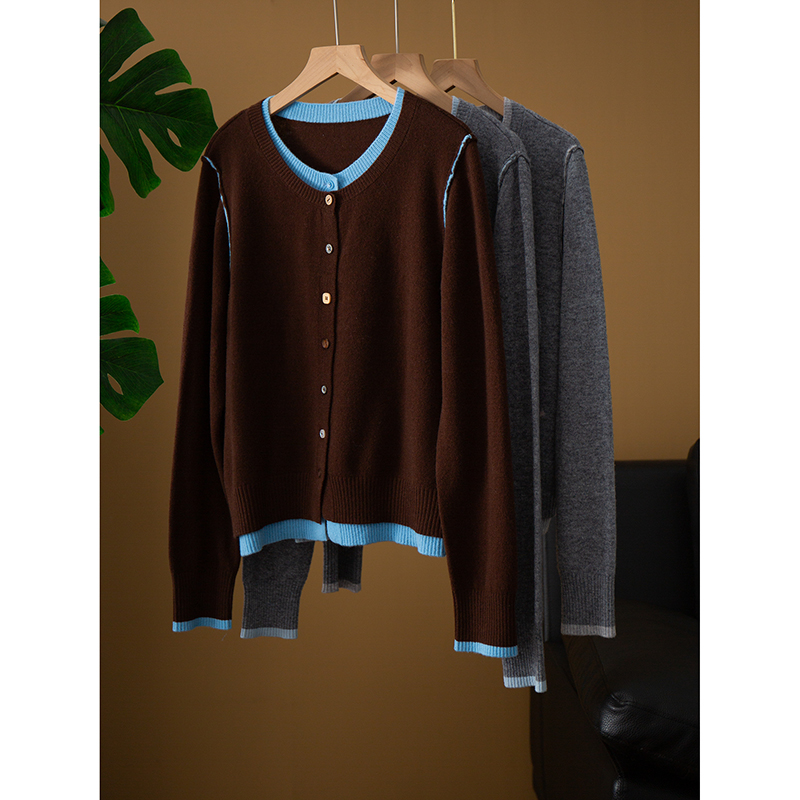丝艺 100%绵羊毛时尚撞色假两件针织开衫显瘦长袖毛衣外套羊毛衫