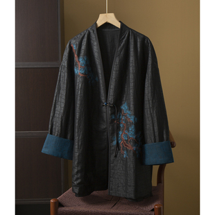一粒扣外套茶服上衣 高端100%桑蚕丝重工刺绣龟裂纹香云纱真丝长款
