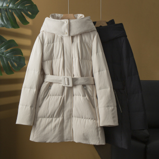气质加厚鹅绒服冬 90白鹅绒中空纱连帽羽绒服女中长款 亏清 禾同款