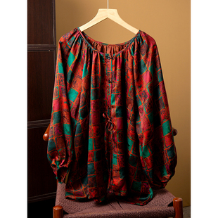 丝艺100%桑蚕丝绞罗红云纱花萝真丝灯笼袖上衣女宽松时尚国风衬衫