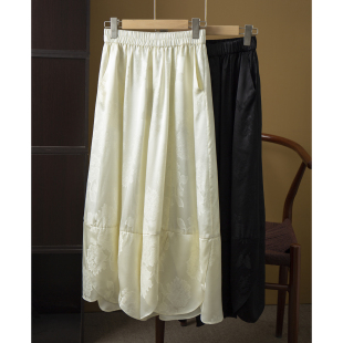 宽松有调性2色100%桑蚕丝大用料真丝提花花萝花苞裙裤 女大阔腿裤