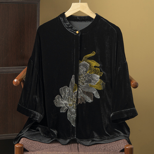 丝艺100%桑蚕丝底布重工织金刺绣真丝丝绒短外套女宽松衬衫 落肩袖