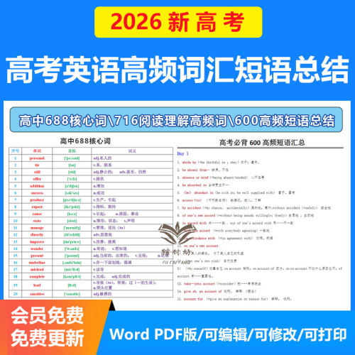 新高考英语688核心高频词汇表默写表716阅读理解高频词600高频短语总结电子版资料全国通用
