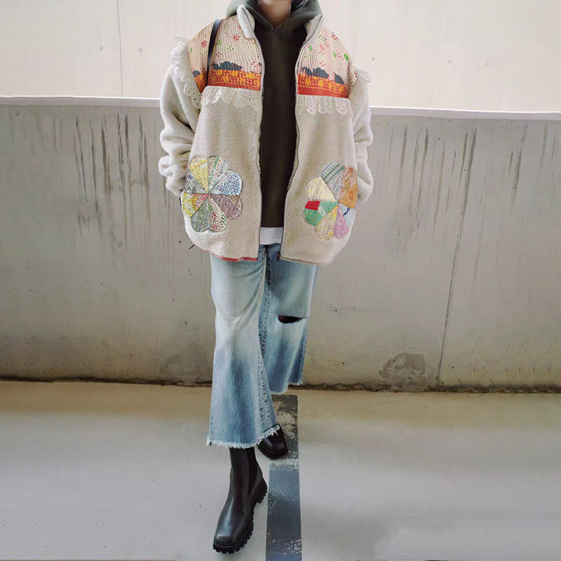 法式小众2025秋冬新贴布刺绣花朵拼接花边立领宽松摇粒绒外套女