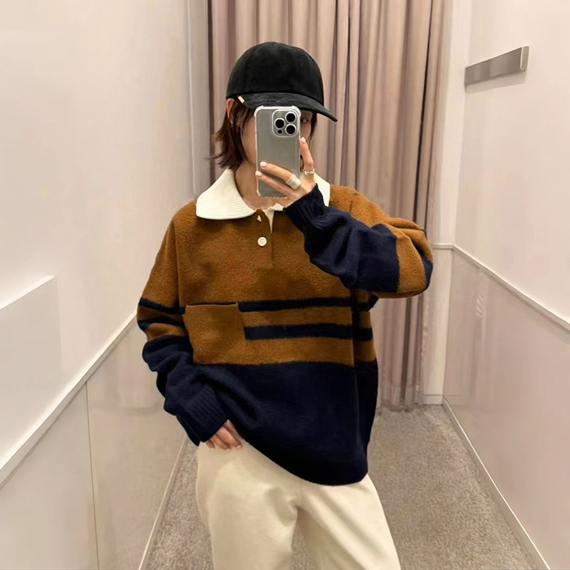 法式小众2025秋冬男女通用条纹拼色POLO领宽松廓形针织毛衣女