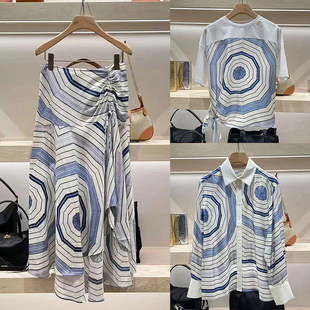 法单S家2025夏季新款几何印花拼白领衬衫潮款不规则侧抽绳半裙女