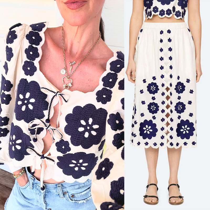 陈慧琳同款法式小2025精美刺绣贴花系带方领短上衣A版长半裙套装