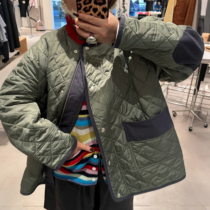 SAVI~款 2025秋冬可拆毛毛领拼布绗缝菱格包边宽松轻薄棉衣女