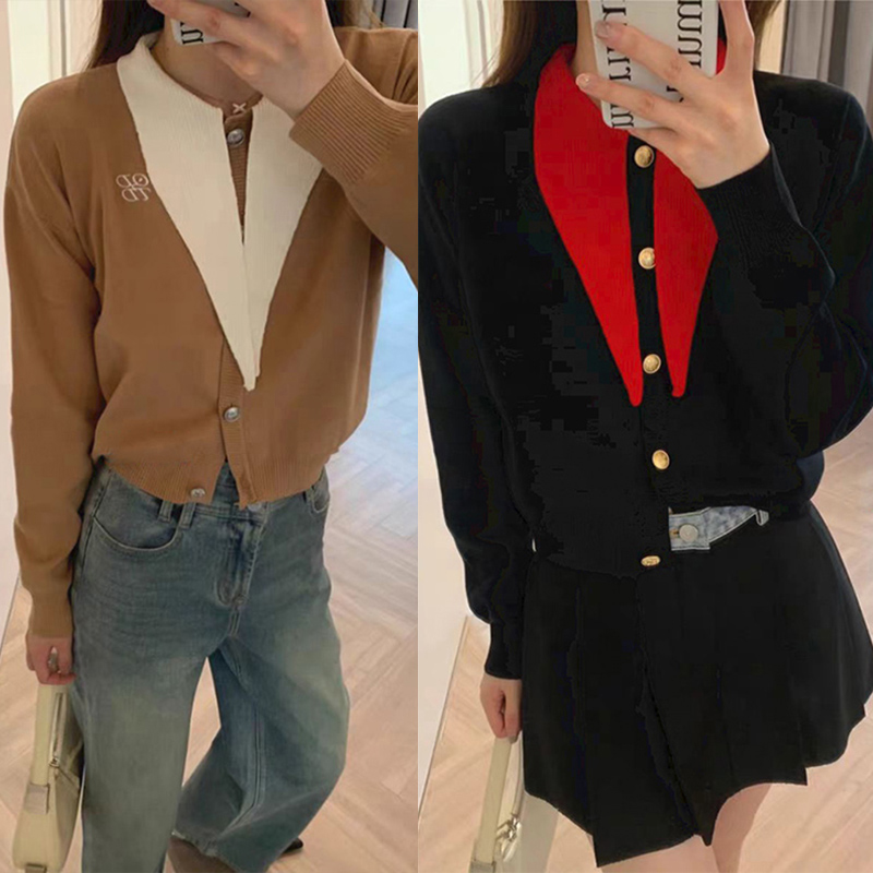 OD法式小众 2024秋冬复古撞色领巾LOGO刺绣单排扣针织衫短毛衣女