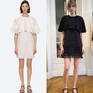 Se法式小众 2025早秋都市镂空刺绣斗篷荷叶边披肩式圆领连衣裙