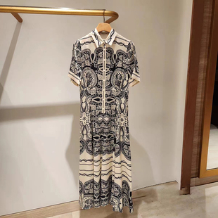 法单S家 2024夏季新款复古精美对花拼接POLO领丝感OL通勤连衣裙女