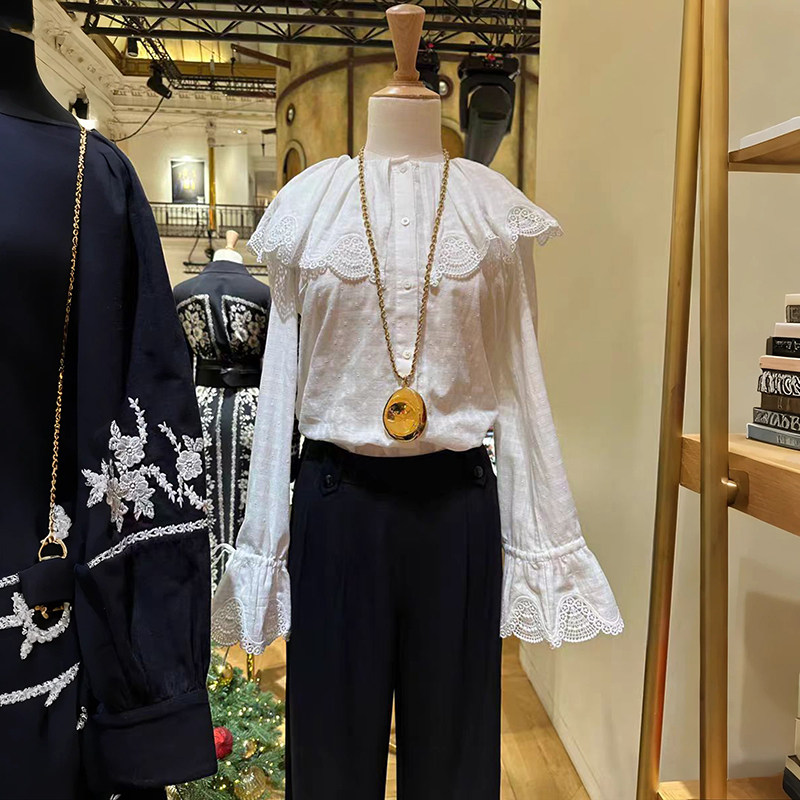 法式小众 2025秋冬新温柔刺绣大圆翻领蕾丝公主系带喇叭袖衬衫女,女装/女士精品,衬衫,淘宝优惠券,粉丝福利购,淘宝优惠卷