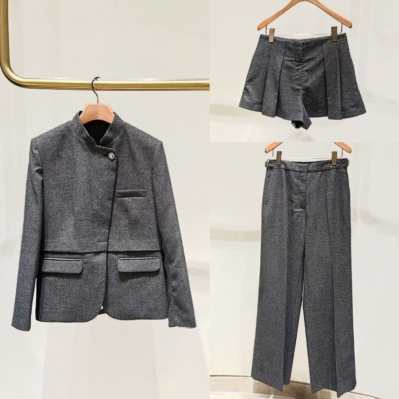 法单小众2026秋冬新款知性立领仿钻扣细格纹西服裙裤直筒裤套装