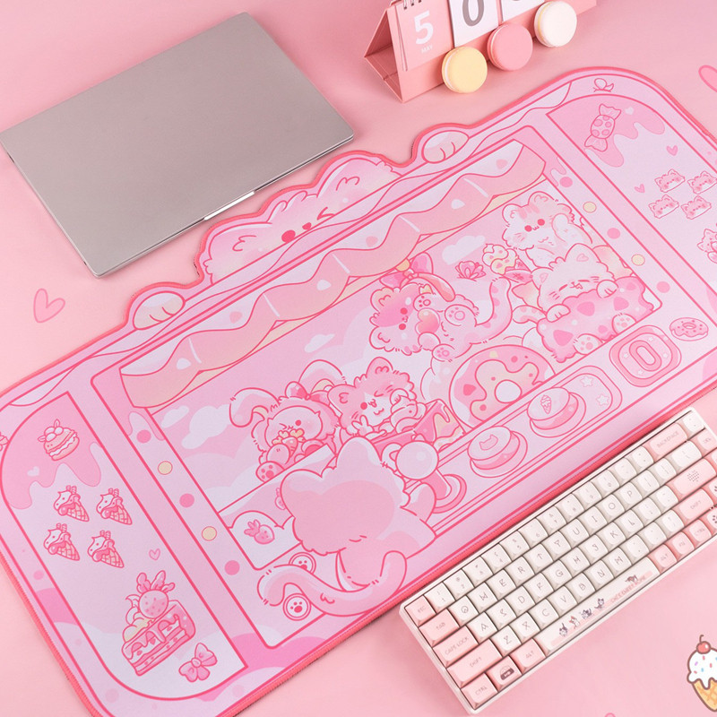 苏烟上*猫咪娃娃机鼠标垫可爱卡通粉色 超大加厚键盘垫办公室桌垫