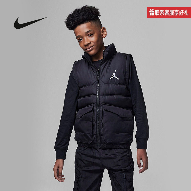Jordan耐克男童大童羽绒服马甲保暖加绒柔软舒适FB1673-010