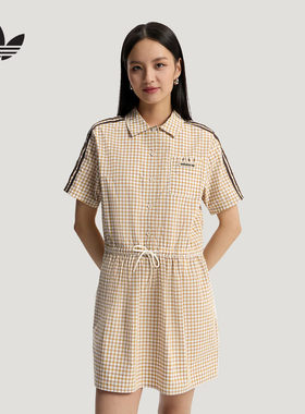 adidas阿迪达斯三叶草格子呢长裙2026夏女拉绳收腰连衣裙 KU9401