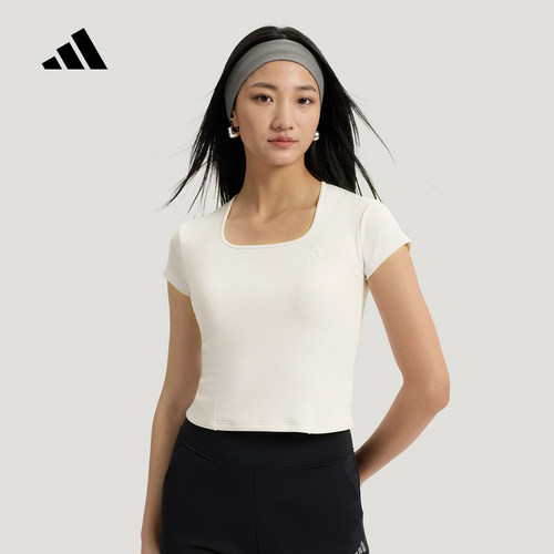 adidas阿迪达斯凉感短款修身运动休闲罗纹短袖2026夏女T恤 KH2710