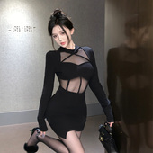 辣妹网纱拼接长袖 连衣裙女2023年春秋新款 纯欲性感气质包臀短裙子